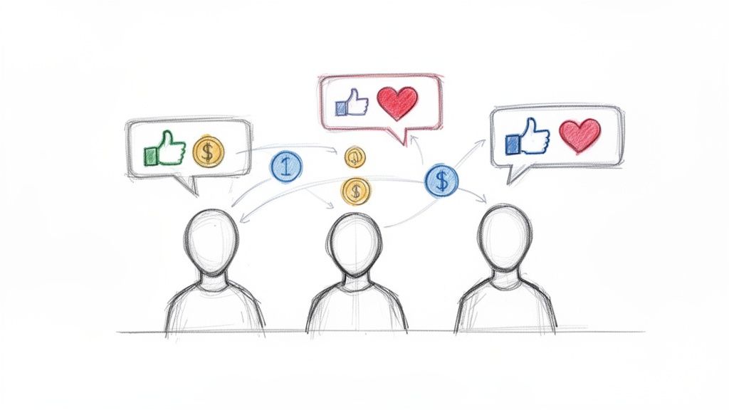Diagram of three people exchanging social media likes, hearts, and monetary value.