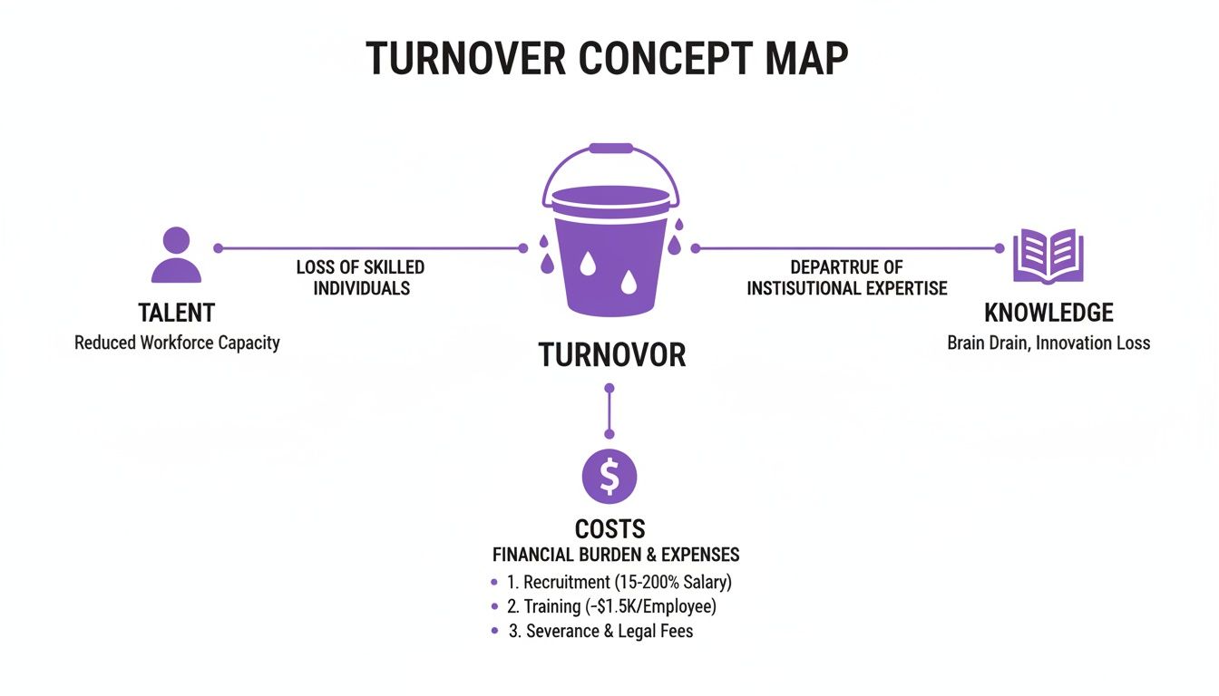A concept map illustrating the impacts and financial costs of employee turnover on talent, knowledge, and an organization.