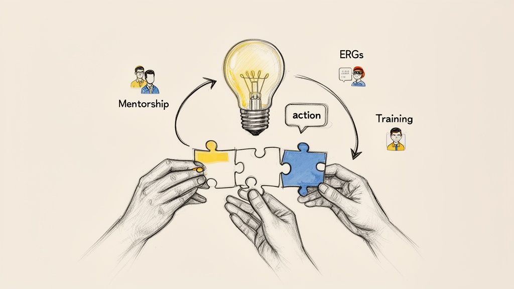 Hands assemble puzzle pieces representing mentorship, ERGs, and training, driven by an action plan.
