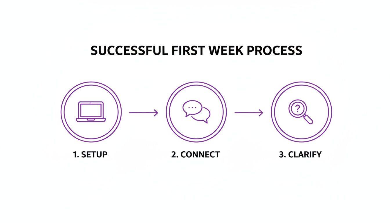 Diagram of the 'Successful First Week Process' with three steps: Setup, Connect, and Clarify, each with an illustrative icon.