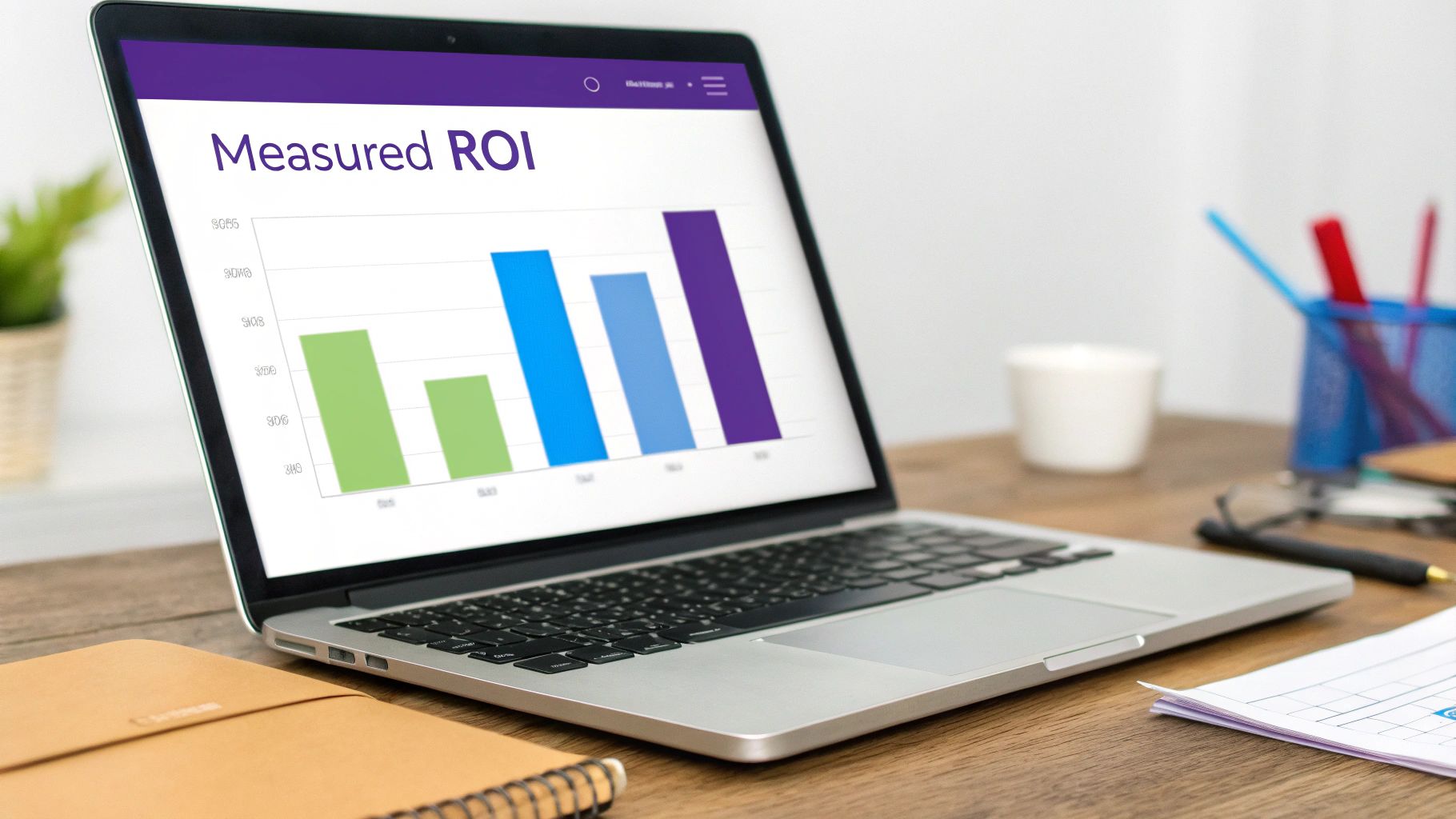 A laptop displays a 'Measured ROI' bar chart, surrounded by office supplies on a wooden desk.