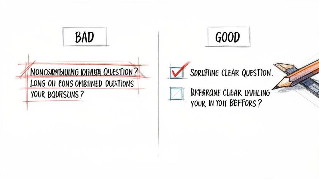An illustration contrasting bad, confusing, and long questions with good, clear, and concise questions.