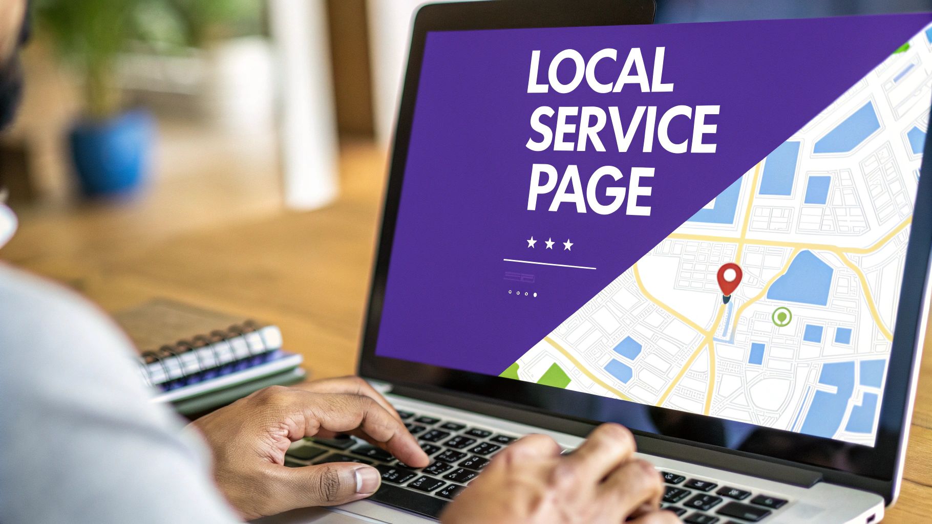 A person typing on a laptop, displaying a 'LOCAL SERVICE PAGE' with a map and a location pin.