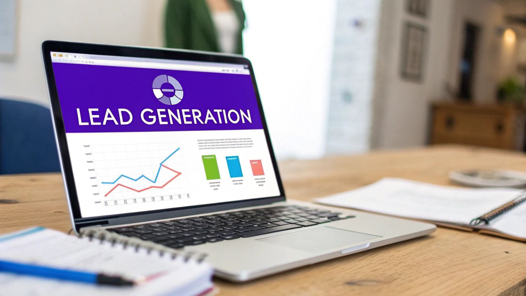 A laptop on a wooden desk displays a 'Lead Generation' page with analytics and charts, alongside a notebook and pen.