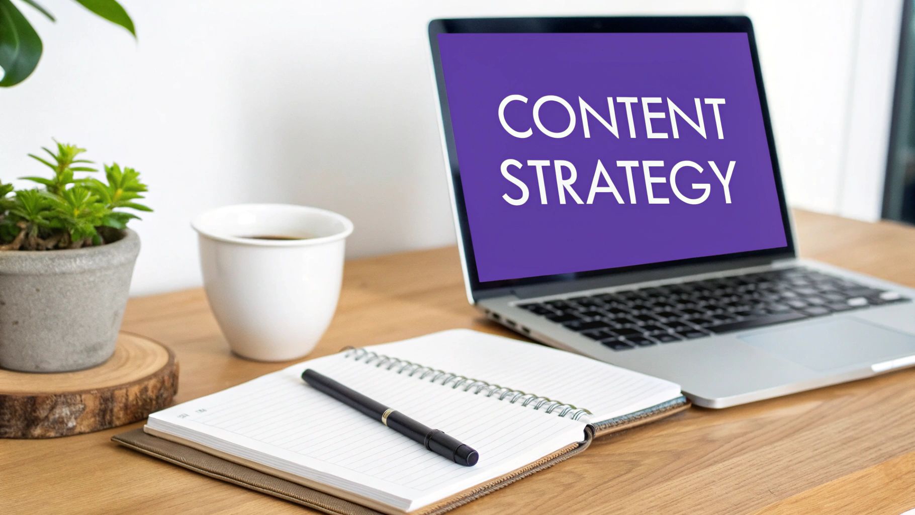 A laptop on a wooden desk displays 'CONTENT STRATEGY,' with a notebook, pen, coffee, and plant.