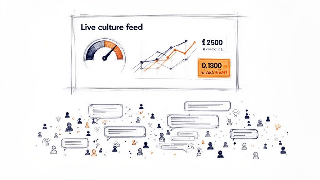 Hand-drawn dashboard for live culture feed, showing graphs, numbers, and social interactions with chat bubbles and people.