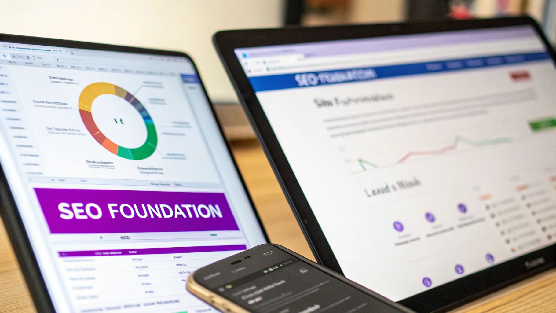 A blueprint of a website's SEO structure is being drafted on a desk, symbolizing a strong foundation for traffic growth.