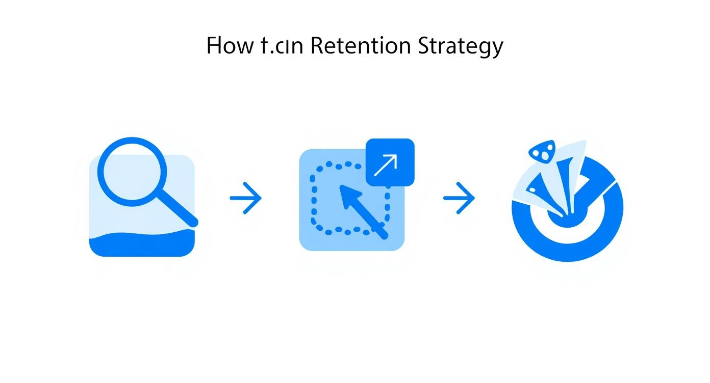 Visual flow chart with three blue icons illustrating a retention strategy: analyze, grow, and achieve.