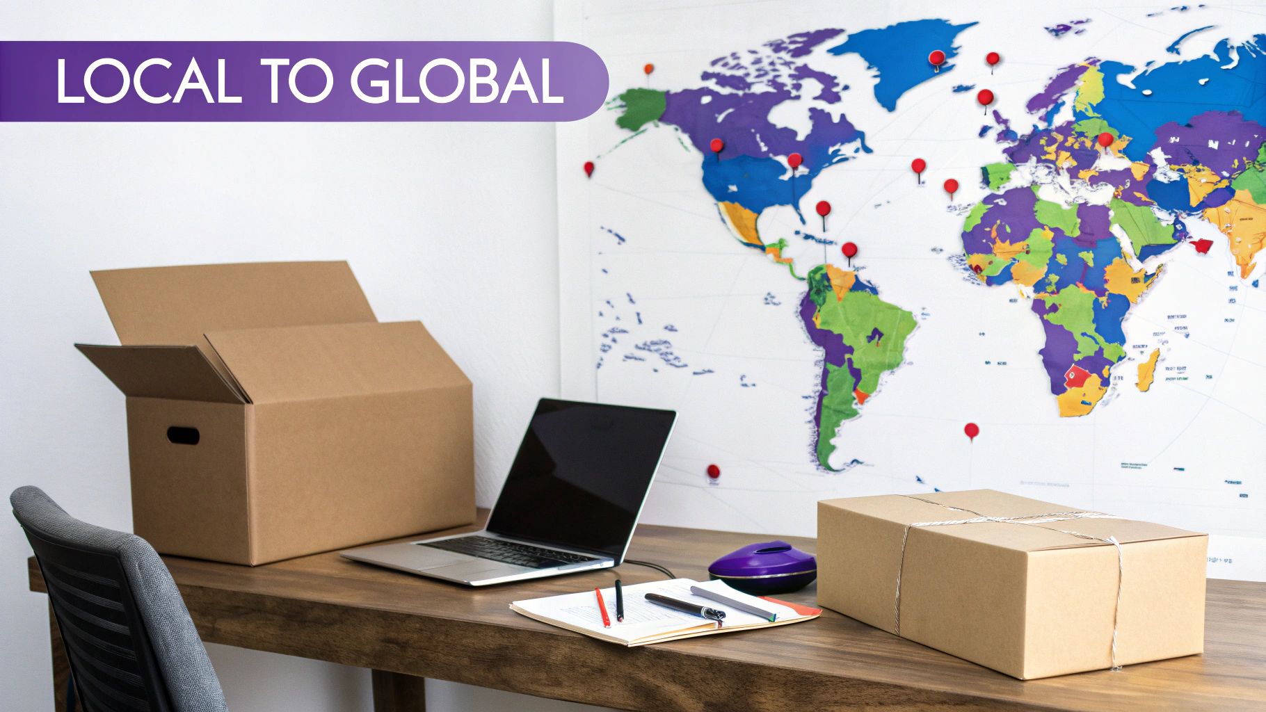 A desk with e-commerce shipping boxes, a laptop, and a world map with pins, symbolizing global business.