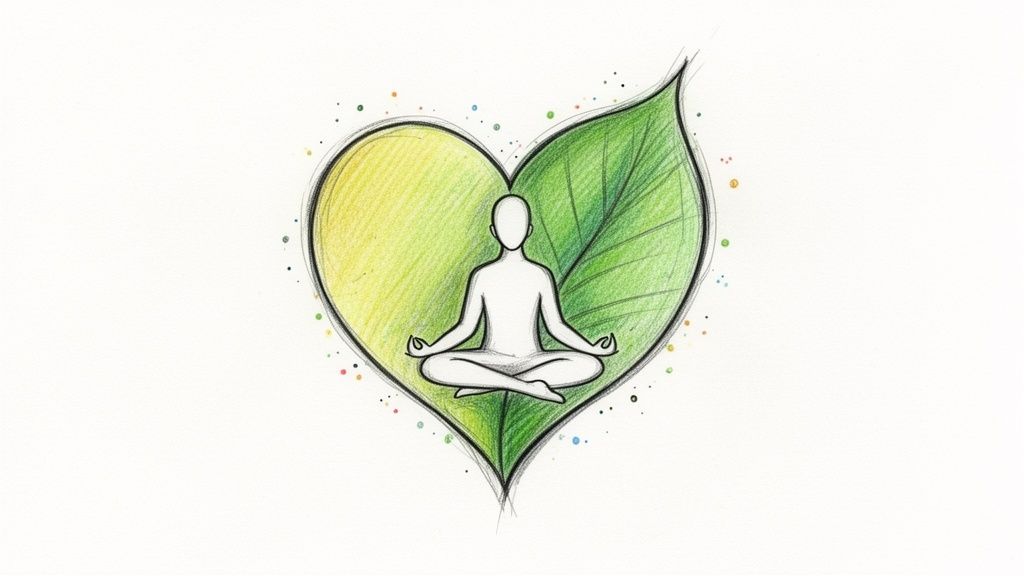A serene illustration of a meditating figure within a heart-shaped design made of green leaves.