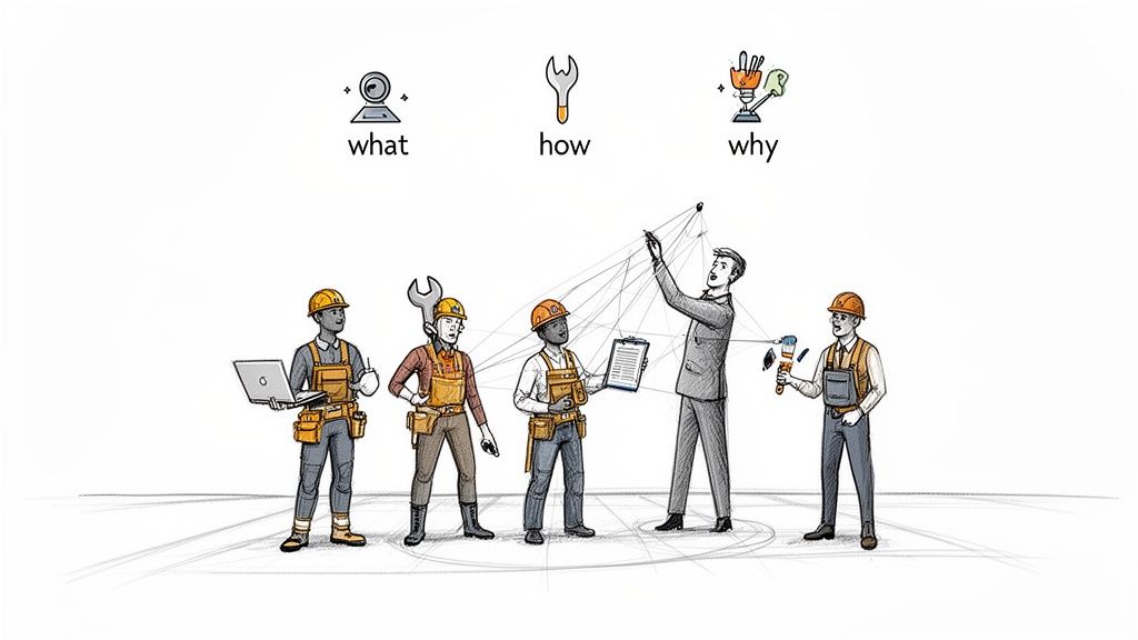 Diverse construction workers and a manager collaborate, connected by lines, representing project management and teamwork.