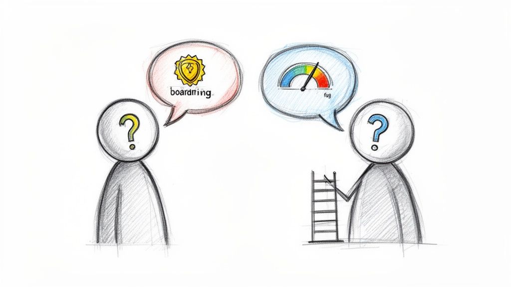 Two figures with question mark heads discuss 'boarding' with a badge and progress with a gauge.