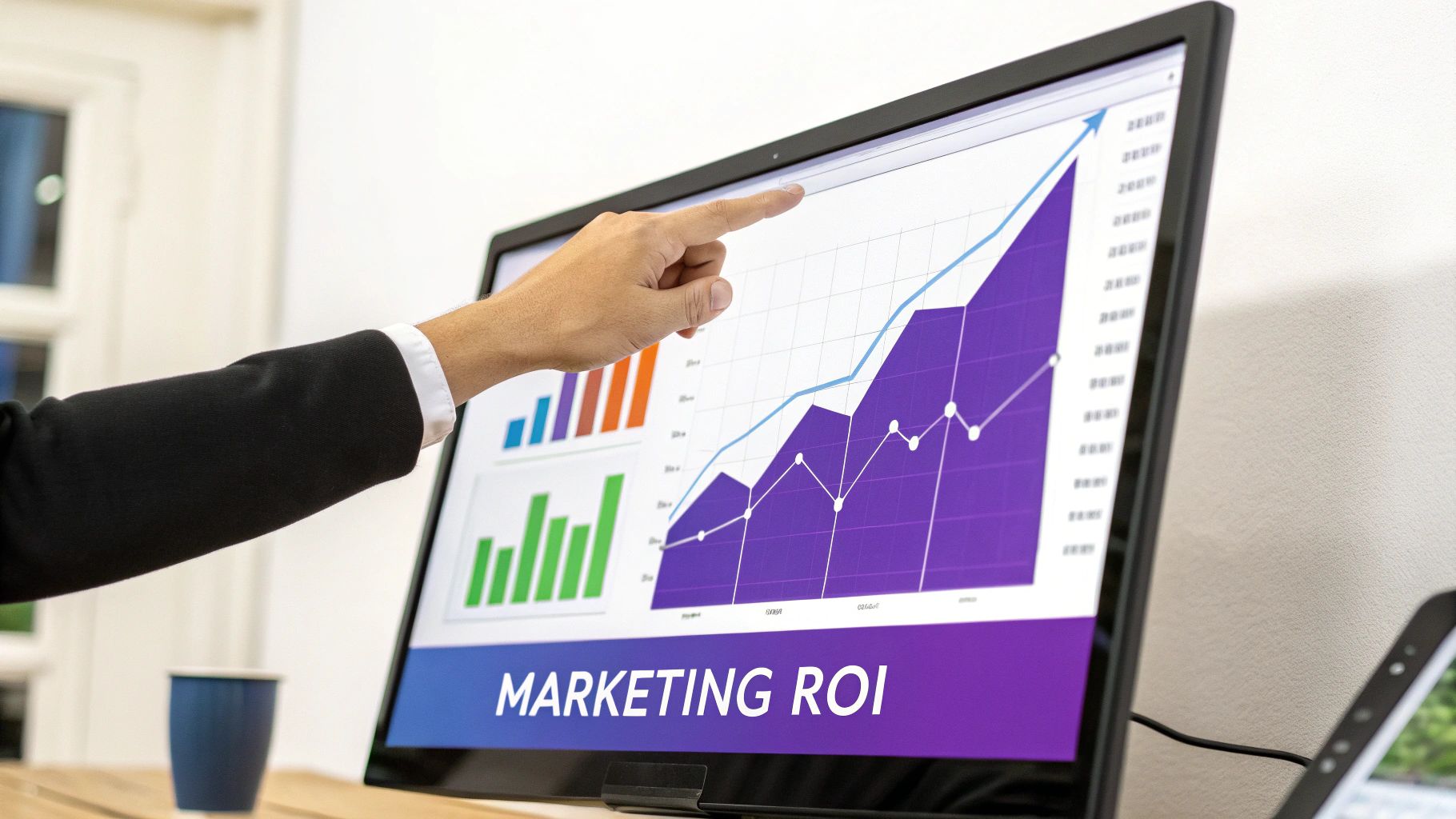 A business person's hand points to a computer screen displaying marketing ROI performance data.