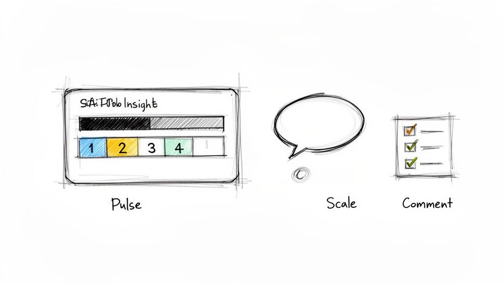 Hand-drawn sketch illustrating survey methods including pulse feedback, a comment scale, and a checklist.