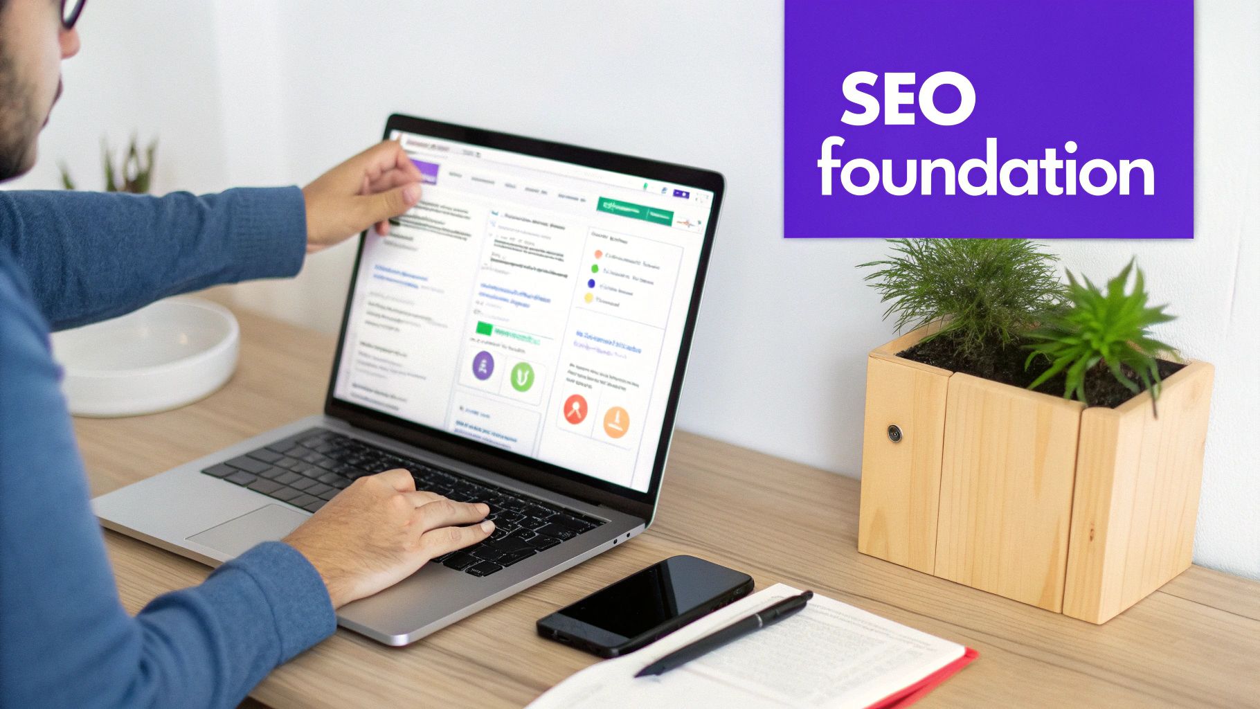 A person working on a laptop with charts and graphs in the background, representing SEO analysis.