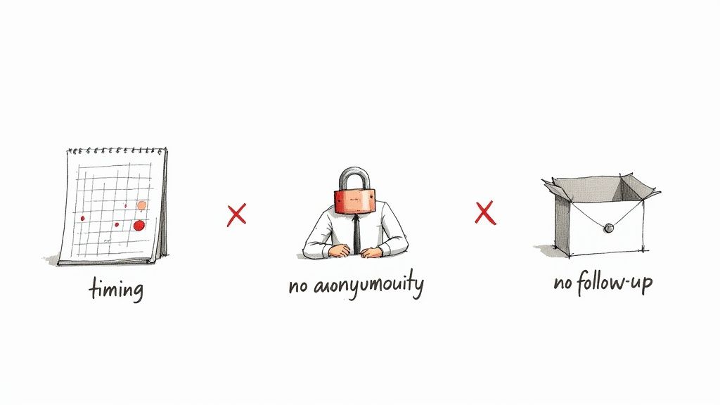 Three key survey best practices illustrated: timing with calendar, no anonymity with locked identity, no follow-up with sealed box