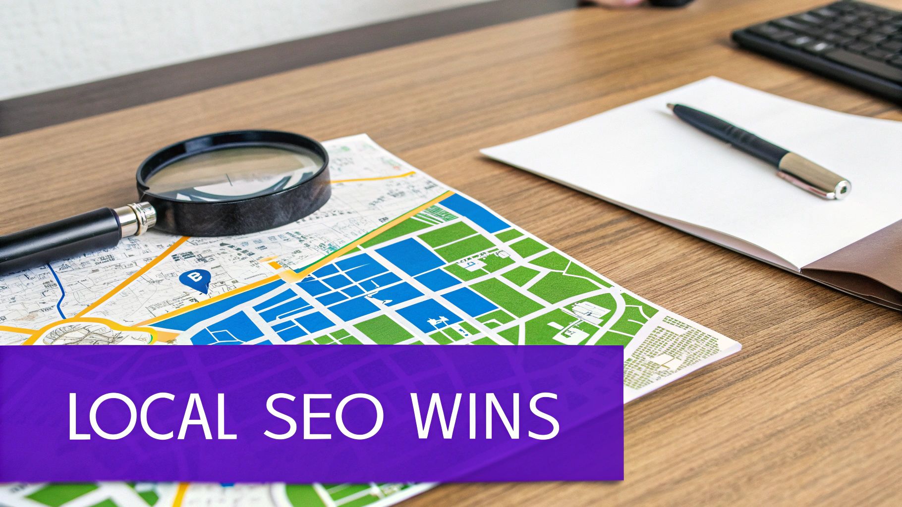 A magnifying glass on a map, with a notepad and pen, illustrates 'LOCAL SEO WINS'.