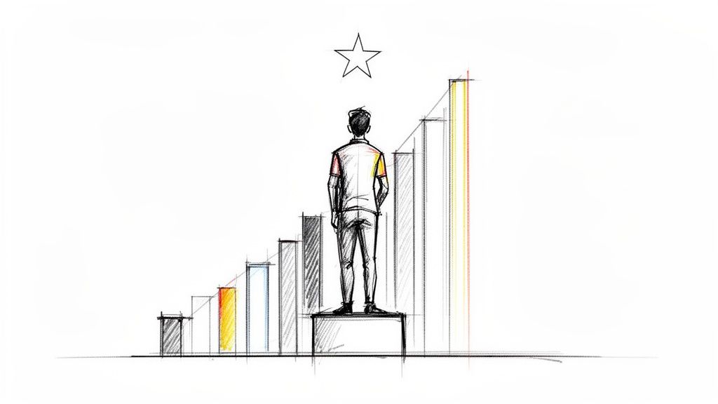 A person stands on a block, looking up at a star above ascending bar graphs, symbolizing progress and goals.