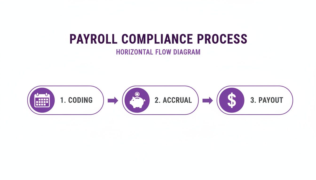 A horizontal flow diagram illustrating the three steps of the payroll compliance process: coding, accrual, and payout.