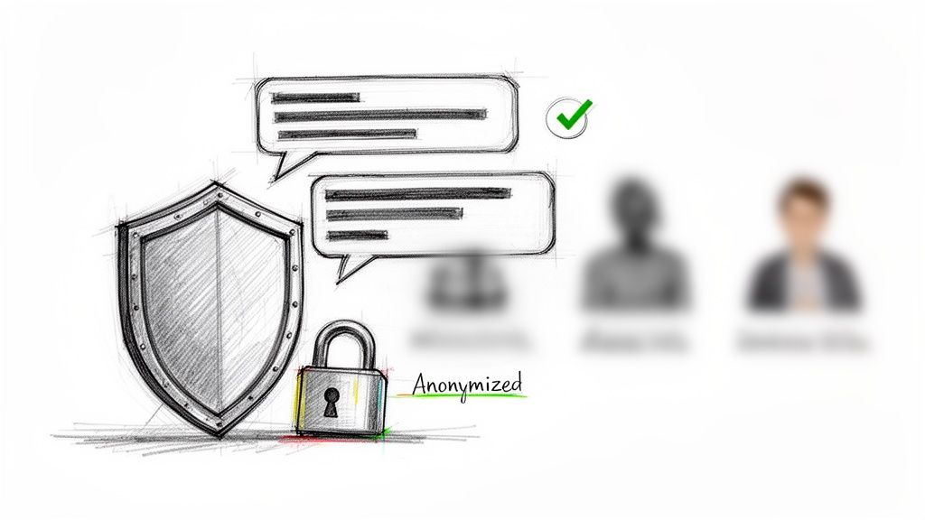 An illustration showing data anonymization with shield, lock, redacted chat bubbles, and blurred user profiles.