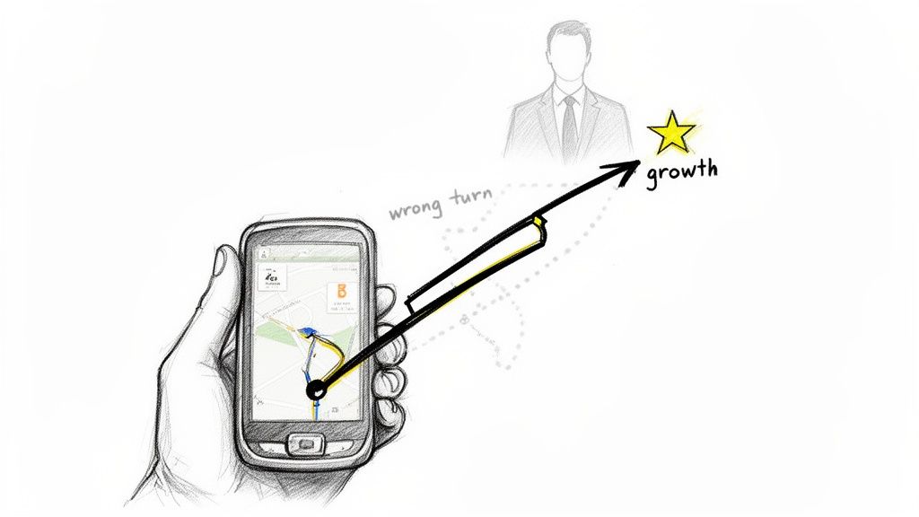 Hand holding a smartphone with GPS guiding a path towards a person and 'growth' star, correcting a 'wrong turn'.
