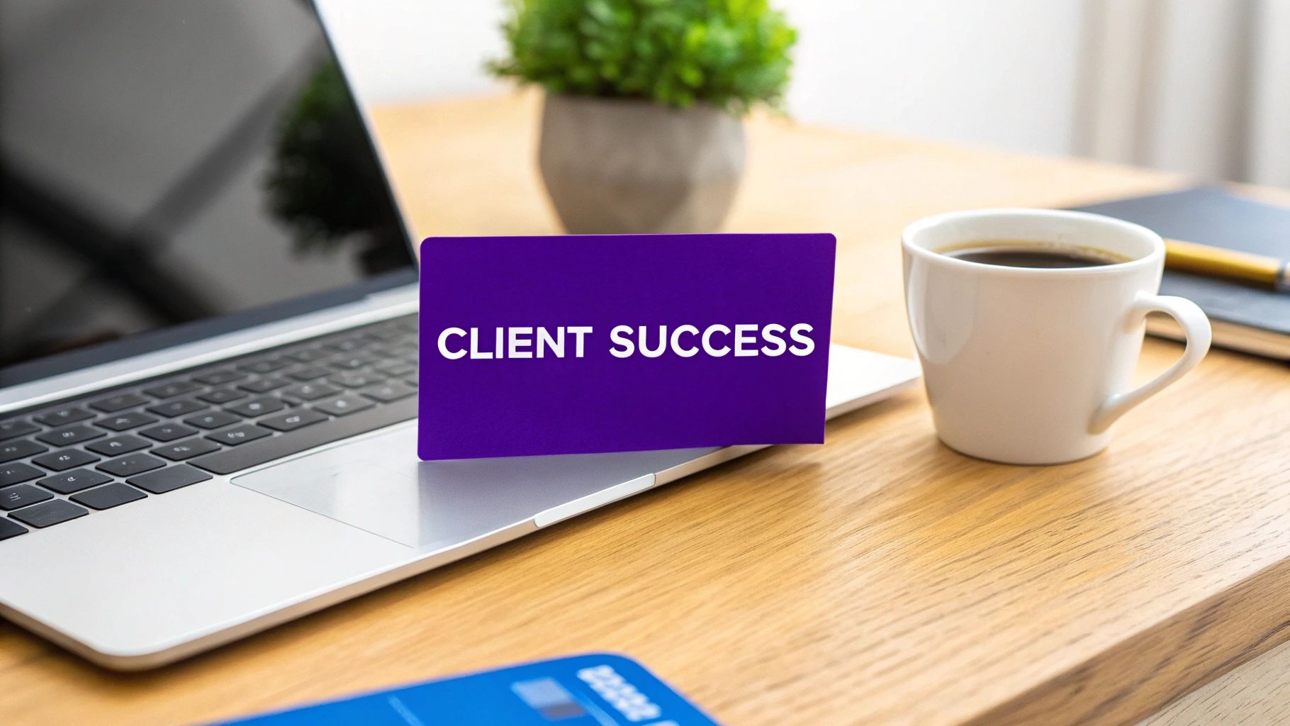 A laptop, coffee, and a plant on a desk with a purple card stating 'CLIENT SUCCESS'.