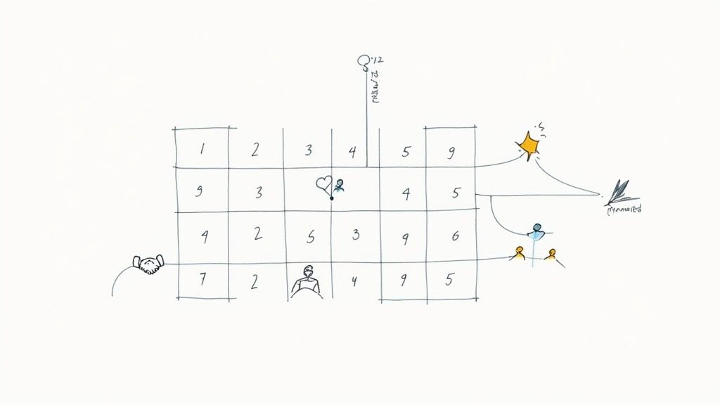 A hand-drawn grid with numbers, people icons, and other symbols, illustrating a conceptual process.