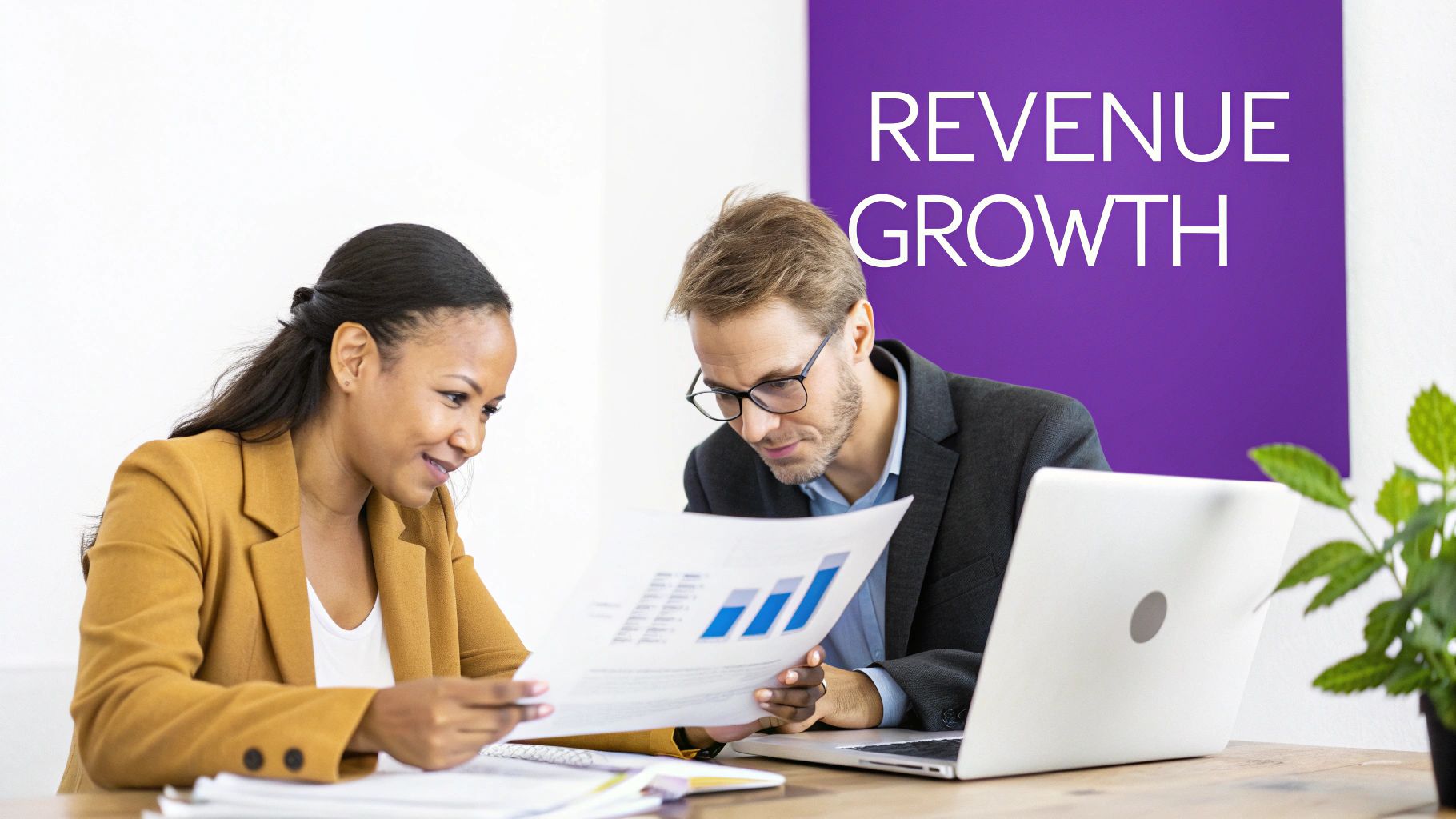 Two business professionals review revenue growth charts, smiling and collaborating in a modern office setting.