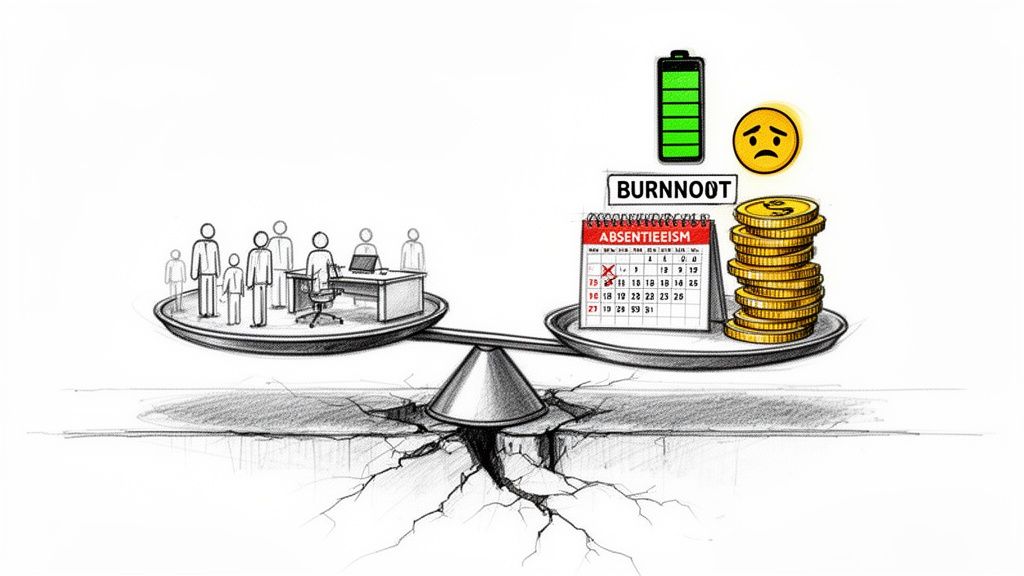 A balance scale depicting work-life imbalance, with people on one side and absenteeism, burnout, and costs on the other, causing cracks in the ground.