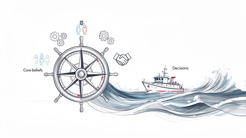 Ship's wheel, core beliefs, and gears guiding a boat making decisions through wavy waters.