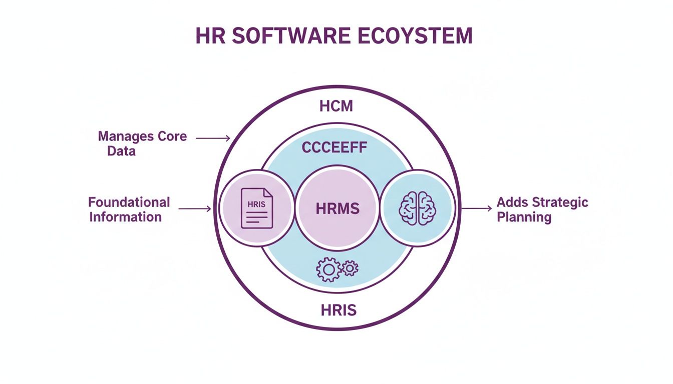Diagram shows HR software ecosystem with foundational HRIS, HRMS, and the overarching HCM layer for strategic planning.