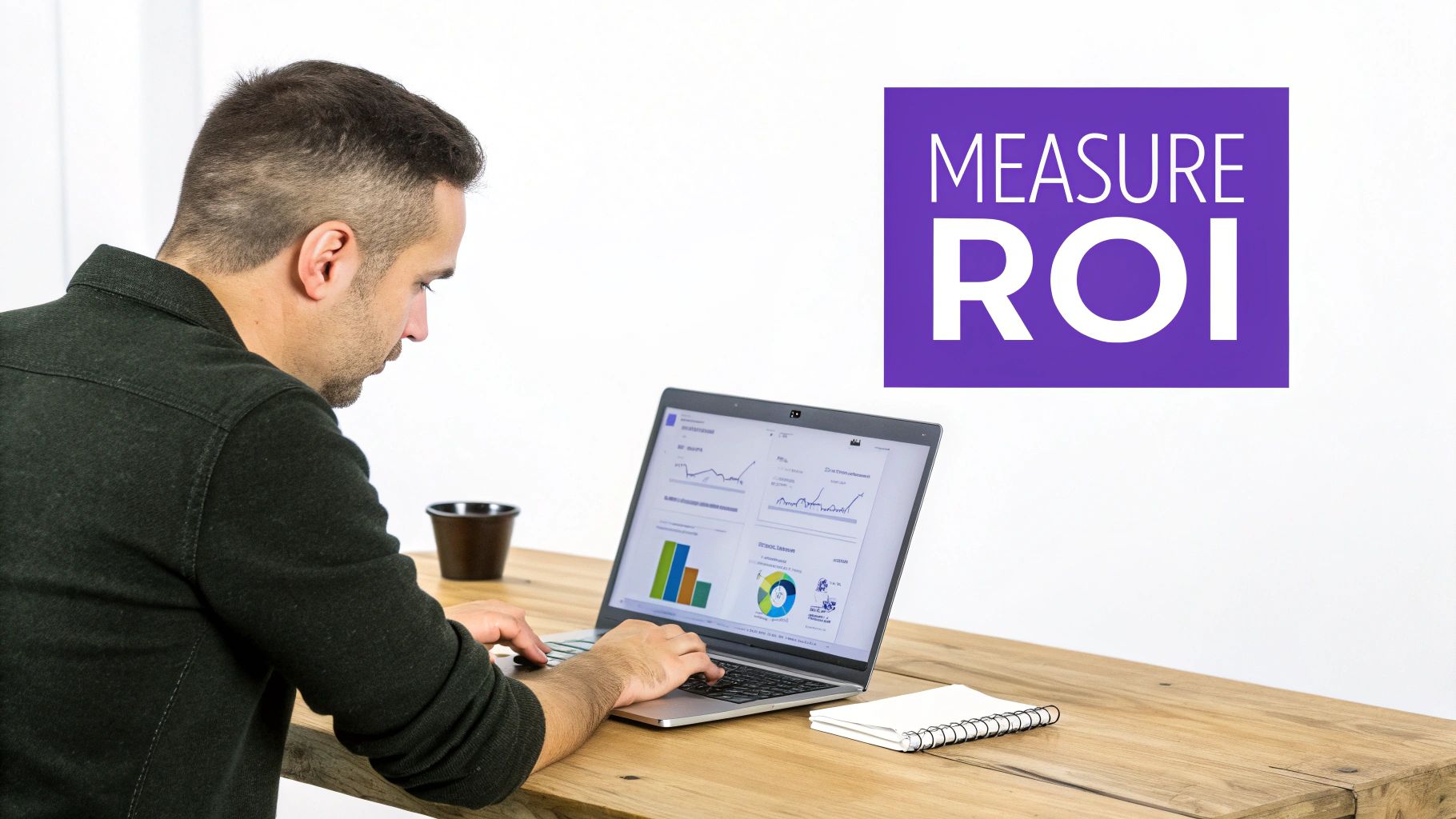 A man analyzing marketing ROI data on a laptop, with 'MEASURE ROI' text on a purple background.