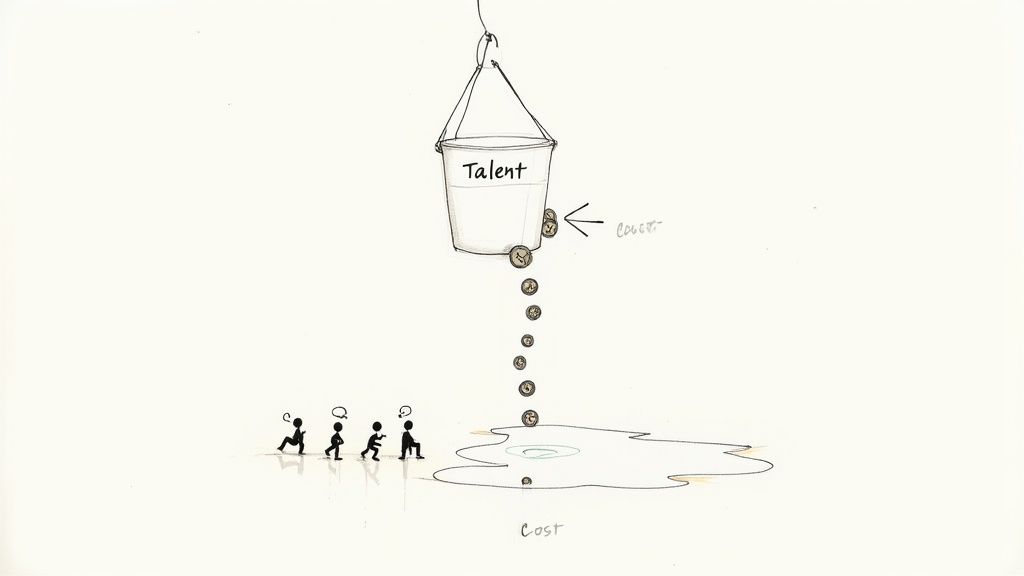 An illustration showing 'Talent' leaking as 'Cost' (coins) from a bucket, observed by small figures.