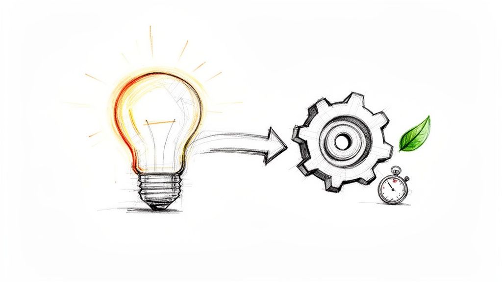 A sketch illustrating an idea (light bulb) leading to a process (gear), with sustainability (leaf) and efficiency (stopwatch).