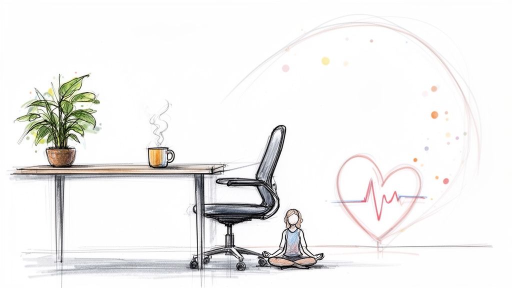 Illustration of a mindful workspace with a meditating person, a desk, and a heart symbolizing well-being.