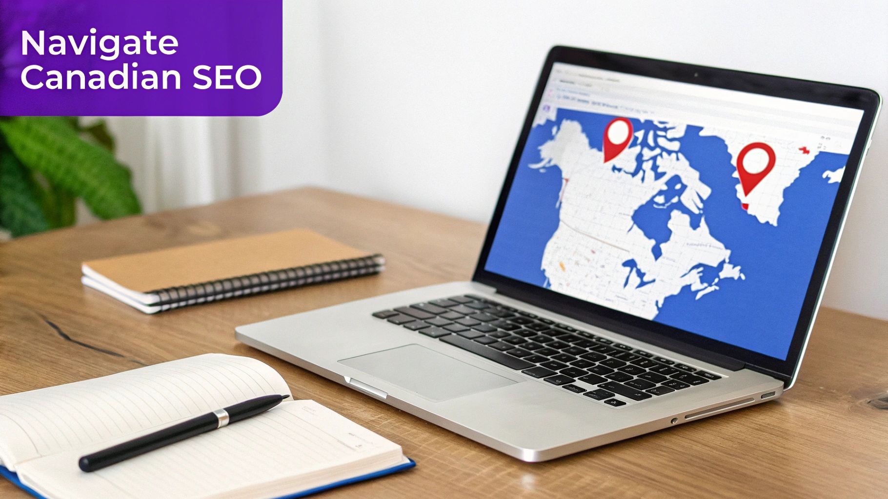 Laptop displaying a map of Canada with location pins, alongside notebooks, illustrating Canadian SEO strategy.