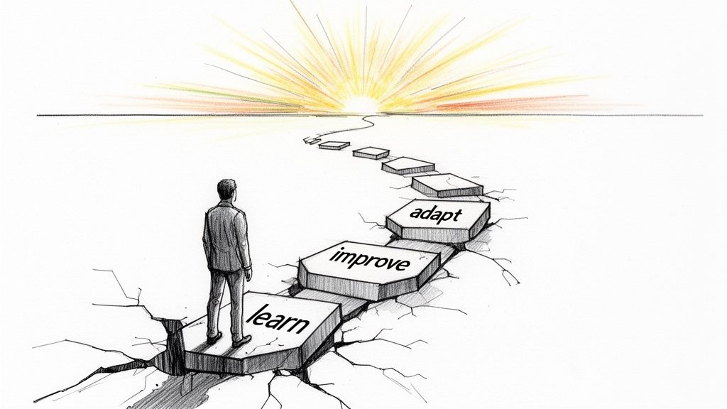 A man stands on a 'learn' stepping stone, looking towards 'improve', 'adapt', and a bright sunrise.