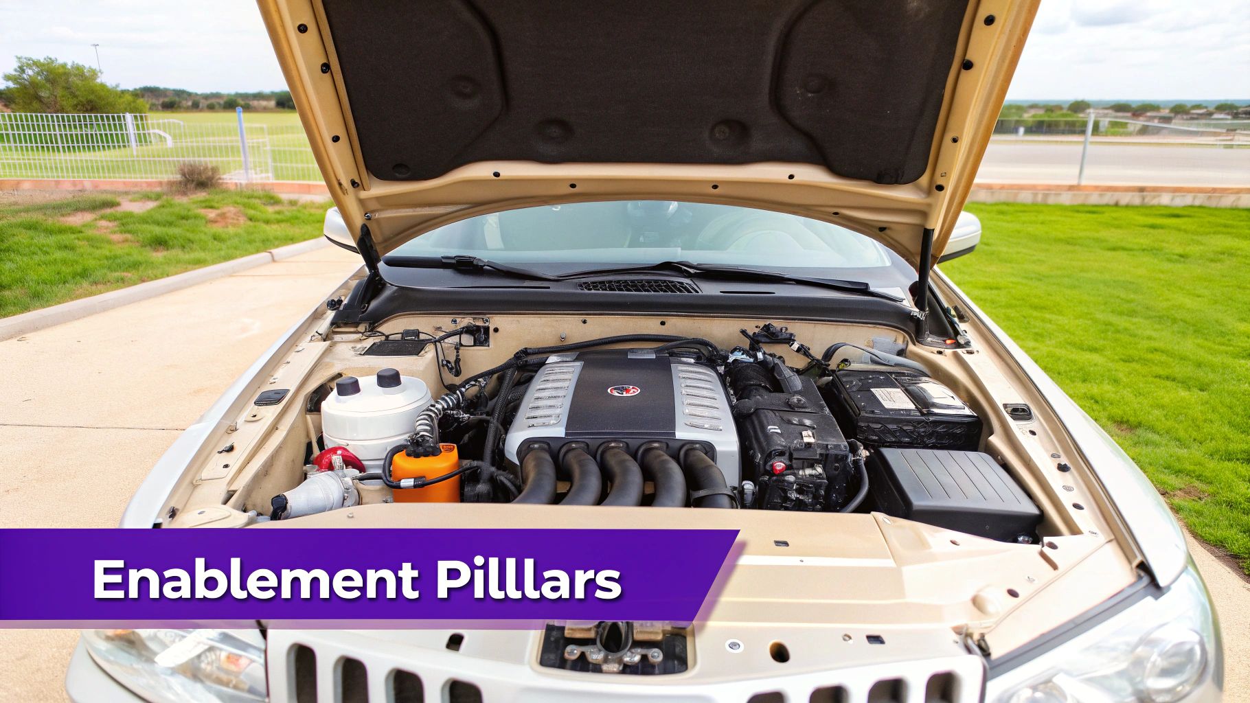 Open car hood revealing a clean engine bay with components like the engine block, battery, and fluid reservoirs.