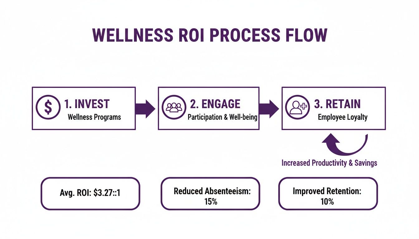 A diagram illustrating the Wellness ROI Process Flow with steps for investing, engaging, and retaining, along with key metrics.