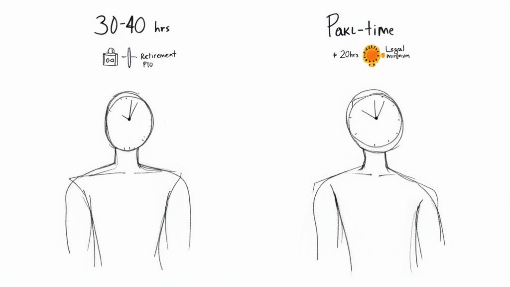 Illustration comparing full-time (30-40 hours, retirement, PTO) and part-time (+20 hours, legal minimum) work with clock-headed figures.