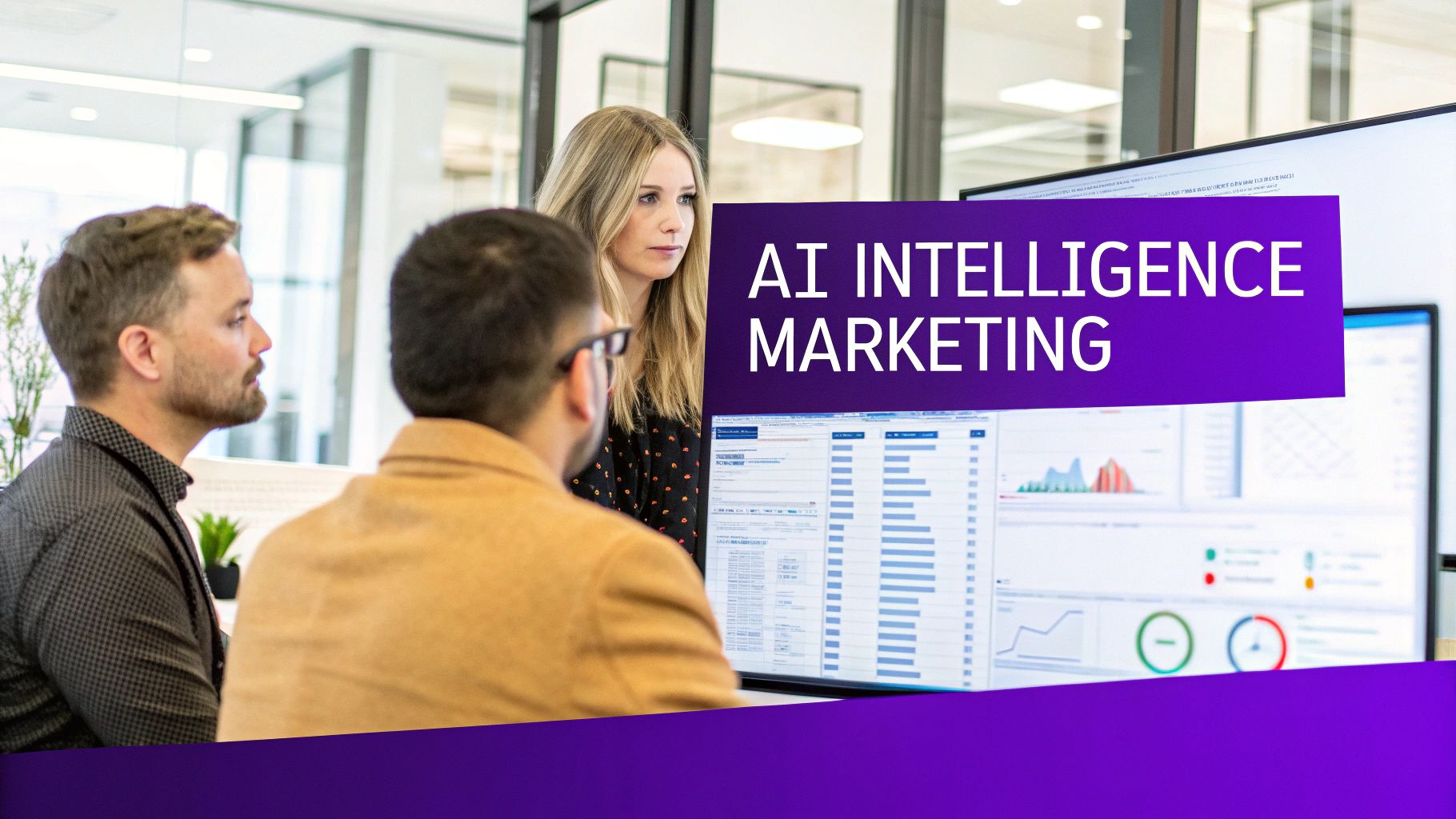 Three business professionals in an office discuss AI Intelligence Marketing strategies while looking at data on a monitor.