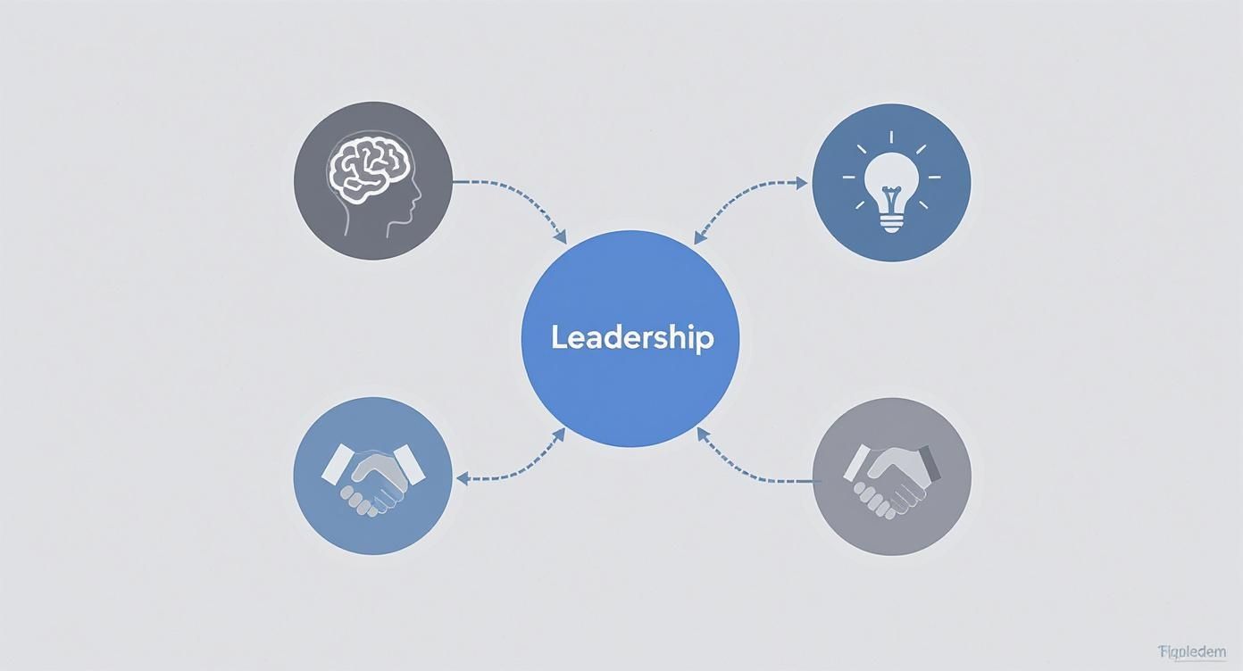 A diagram illustrating key components of leadership: intellect, innovation, and collaboration.