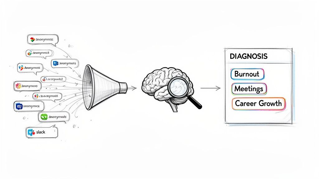 Diagram showing anonymous employee feedback being collected, analyzed, and diagnosing issues like burnout.