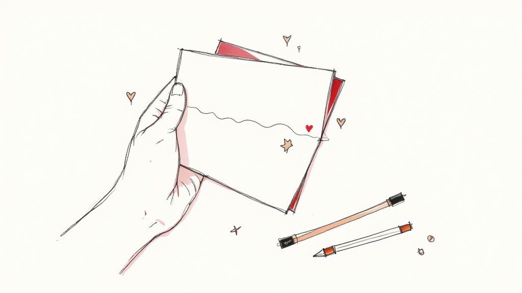 A hand gently holds a heartfelt letter or card, surrounded by pencils and cute doodles.