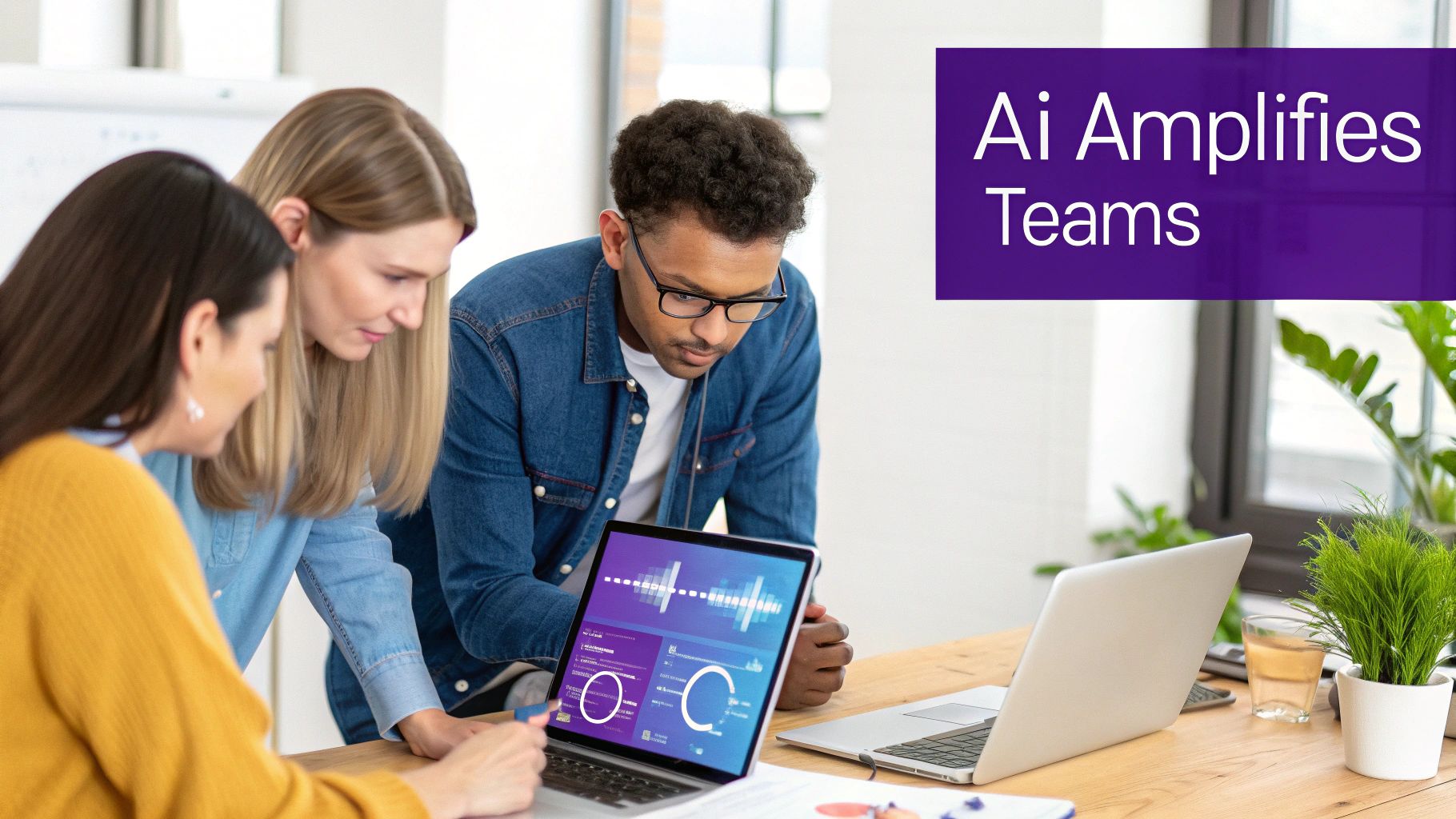 A diverse team reviews data visualizations on a laptop, demonstrating how AI amplifies collaboration.