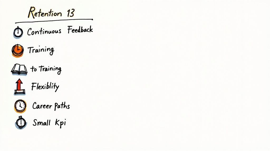 A handwritten whiteboard list titled 'Retention 13' outlining strategies like continuous feedback, training, and flexibility.