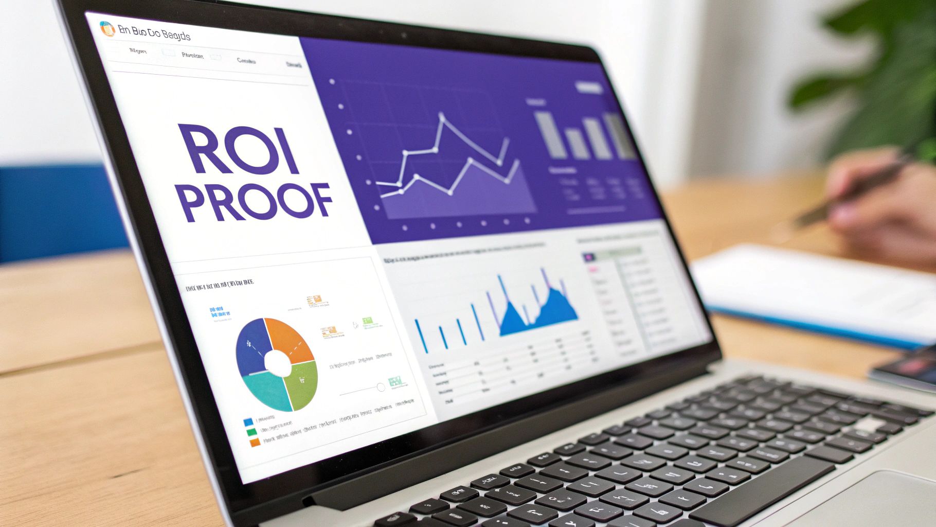 Laptop screen displaying a business dashboard with 'ROI PROOF' title, charts, and graphs.