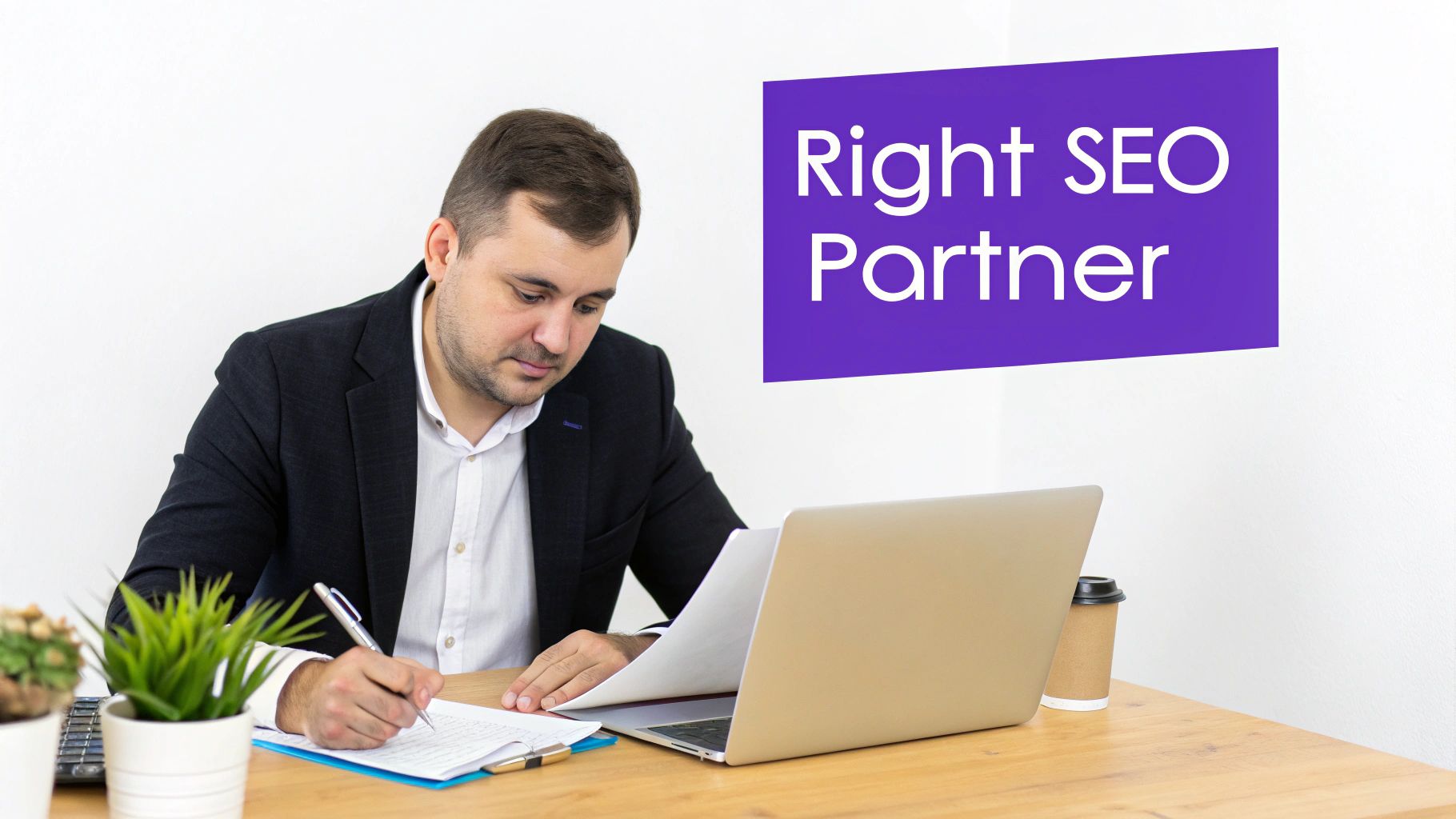 A man in a suit writes on a clipboard at a desk, with a laptop and a 'Right SEO Partner' sign in the background.