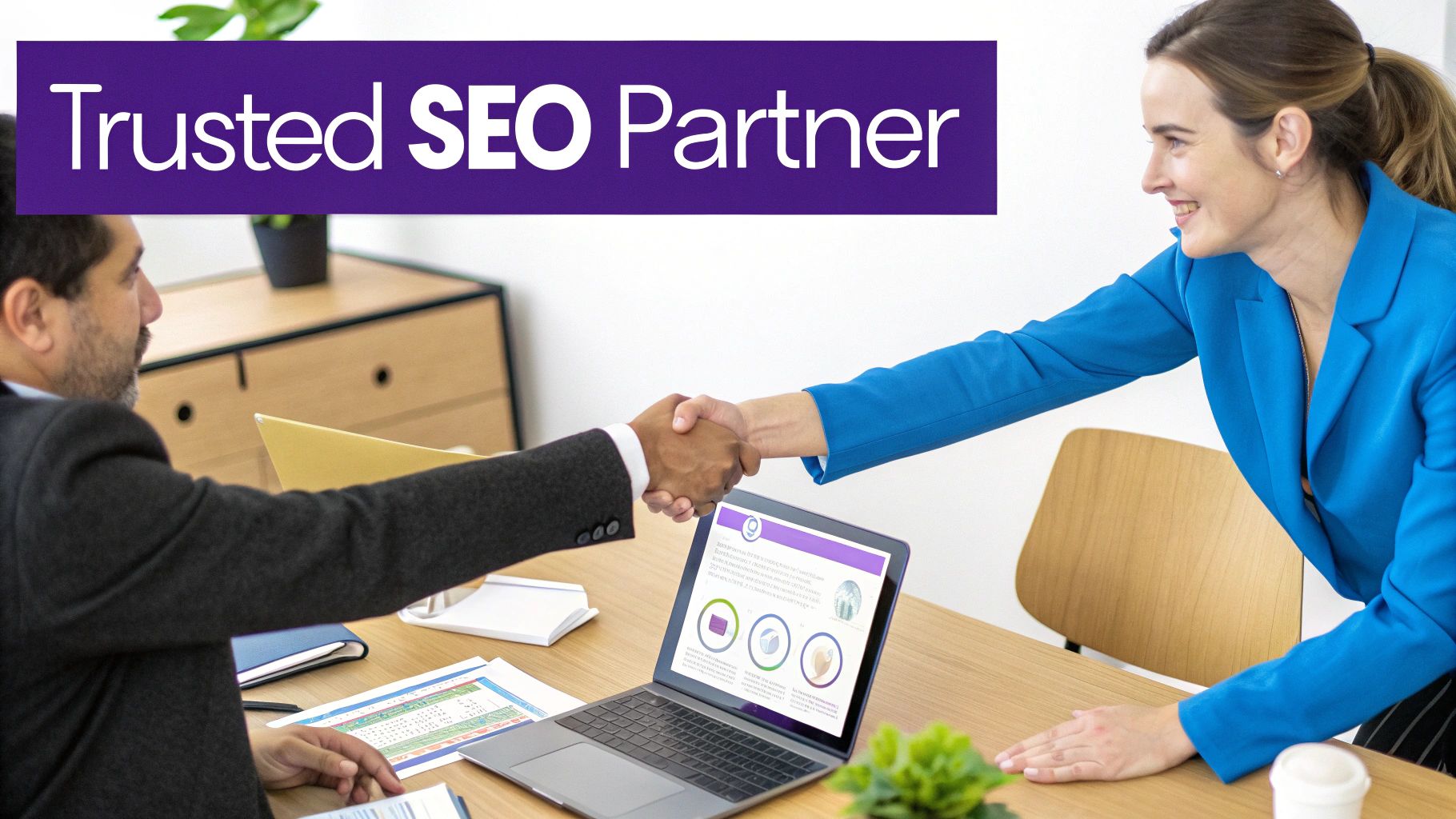 Business professionals shaking hands at a desk with a laptop showing charts, under a 'Trusted SEO Partner' banner.