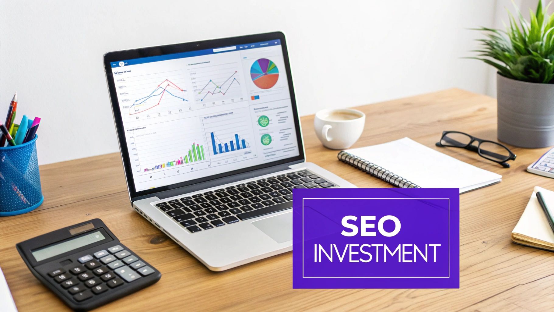 Laptop displaying SEO analytics dashboard with charts and graphs on wooden desk with calculator